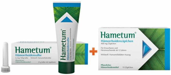 Sparset Hametum Hämorrhoiden Salbe 25 g + 10 Zäpfchen + gratis Feuchttücher