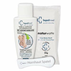 Lopalmed Hornhaut- & Nagelhaut-Entfernerlotion mit Urea 200 ml + Watte + Hornhaut-Spatel