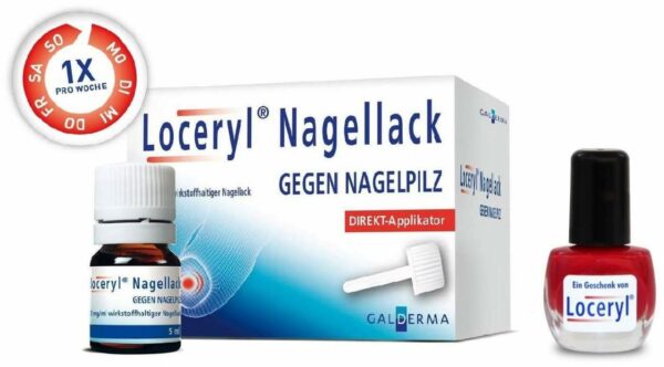 Loceryl Nagellack gegen Nagelpilz 5 ml mit Direkt - Applikator + gratis Nagellack rot