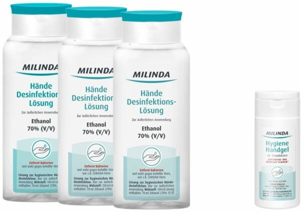 Milinda Händedesinfektionslösung 70 % Ethanol 3 x 300 ml + gratis 50 ml Milinda Hygiene Handgel