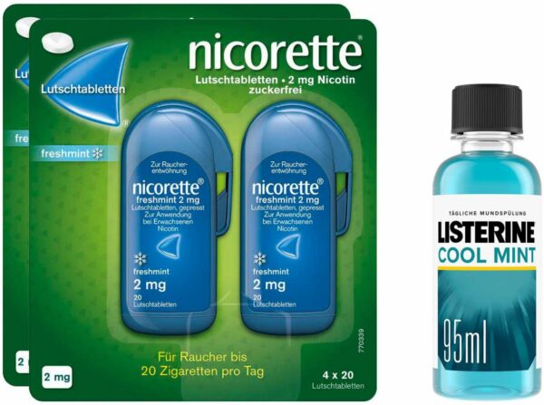 Nicorette Freshmint 2 mg 2 x 80 Lutschtabletten + gratis Listerine Cool Mint 95 ml
