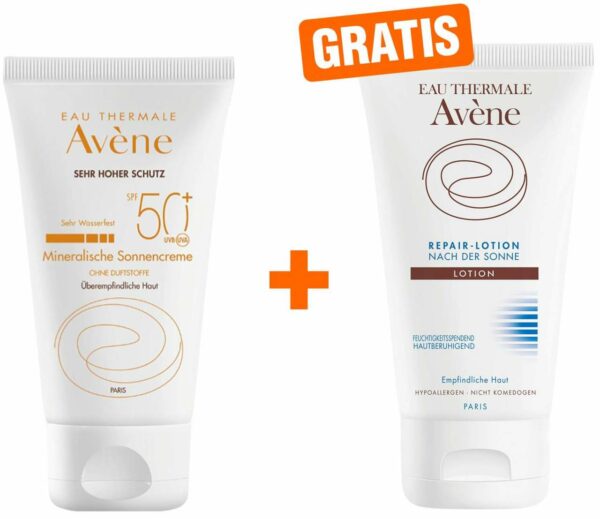 Avene Mineralische Sonnencreme LSF50 50 ml + Sehr Hoher Schutz + gratis Repair - Lotion nach der Sonne 50 ml