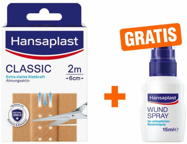 Hansaplast Classic Pflaster 2 m x 6 cm + gratis Hansaplast Wundspray zur Wundreinigung 15 ml