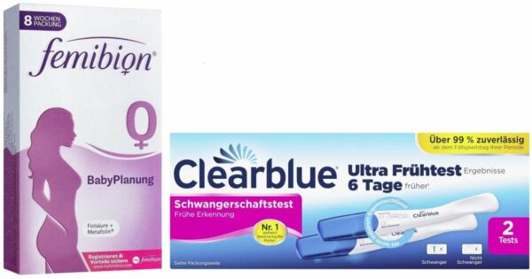 Femibion 0 Babyplanung 56 Tabletten + Clearblue Schwangerschaftstest Frühe Erkennung 2 Stück