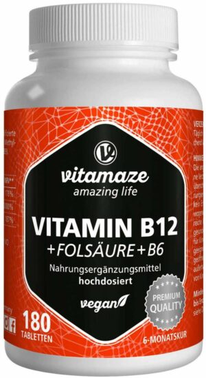 Vitamin B12 1.000 µg Hochdosiert + B9 + B6 Vegan 180 Tabletten