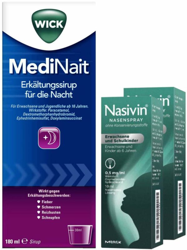 Wick MediNait Erkältungssirup für die Nacht 180 ml + Nasivin Erwachsene und Schulkinder 2 x 10 ml Nasenspray