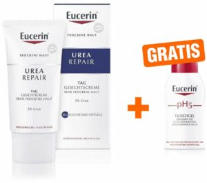 Eucerin UreaRepair Gesichtscreme Tag 5 % 50 ml + gratis Eucerin pH5 empfindliche Haut Duschgel 50 ml
