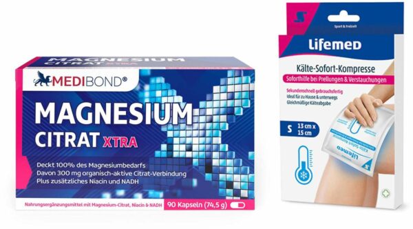 Magnesium Citrat XTRA Medibond 90 Kapseln + gratis Sofort Kühl Kompresse 1 Stück