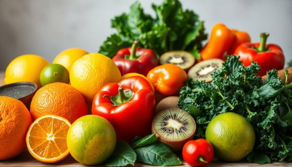 A bountiful still life showcasing a vibrant array of vitamin C-rich foods. In the foreground, a mix of fresh citrus fruits - oranges, lemons, limes - arranged with care, their vibrant hues and textured skins glistening under warm, natural lighting. In the middle ground, a selection of red bell peppers, kiwis, and leafy greens such as kale and spinach, all bursting with verdant vitality. The background features a subtle, soft-focus backdrop, allowing the produce to take center stage. The overall composition exudes a sense of health, freshness, and abundance, inviting the viewer to explore the bounty of nature's vitamin C-rich offerings.