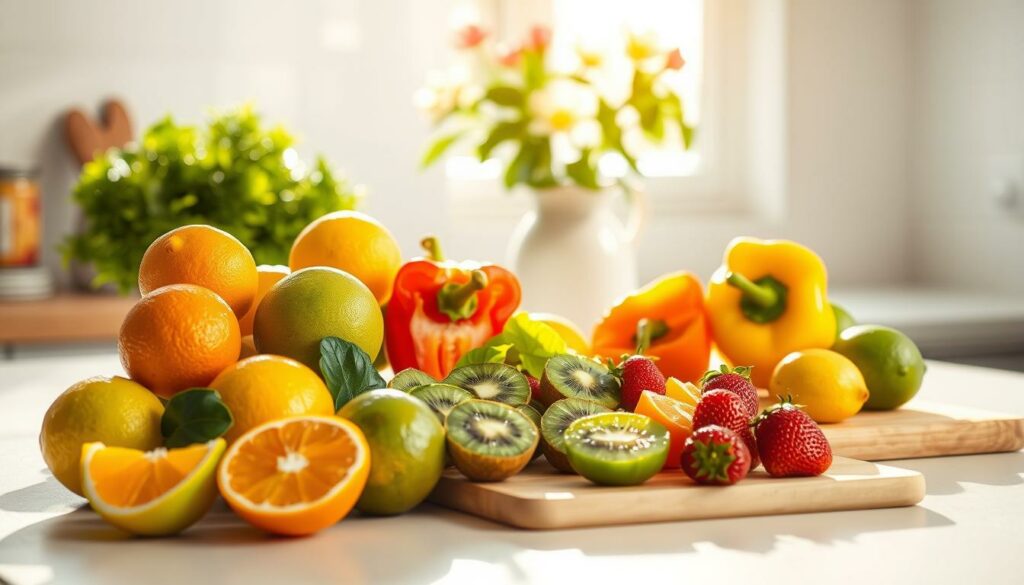 A bright, sunlit kitchen counter with a variety of fresh, vibrant fruits and vegetables arranged thoughtfully. In the foreground, an array of citrus fruits - oranges, lemons, limes - their peels partially removed to reveal the juicy, vitamin C-rich flesh. In the middle ground, a cutting board with sliced bell peppers, kiwis, and strawberries, their colors popping against the natural wood. In the background, a lush, green potted plant and a minimalist vase with fresh flowers. The lighting is warm and inviting, casting a soft glow on the scene. The overall composition conveys a sense of health, balance, and the abundance of natural vitamin C sources.