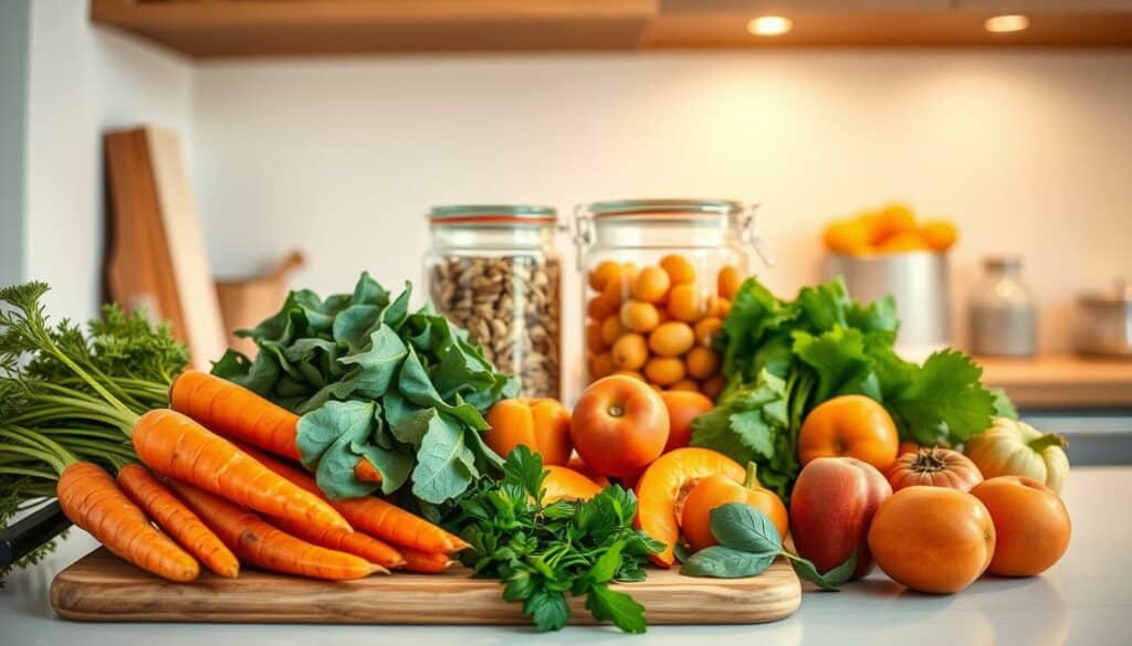A bright, well-lit kitchen scene showcasing the storage and preparation of vitamin A-rich foods. In the foreground, a variety of fresh produce including carrots, sweet potatoes, leafy greens, and apricots are neatly arranged on a wooden cutting board. In the middle ground, a glass storage container holds additional vitamin A-rich ingredients like olive oil and nuts. Warm lighting from overhead illuminates the scene, casting a golden glow and highlighting the vibrant colors of the foods. The background features minimal clutter, allowing the main subject to take center stage. The overall atmosphere is clean, organized, and inviting, encouraging the viewer to engage with the healthy, vitamin-packed ingredients.