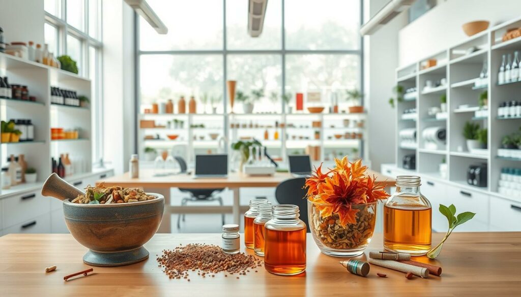 A bright, well-lit laboratory setting with various natural remedies and herbal supplements displayed on sleek, minimalist shelves. In the foreground, a mortar and pestle filled with a vibrant array of dried herbs and spices. Interspersed between the natural products, small glass jars containing amber-colored liquids, suggesting alternative antibiotic tinctures or extracts. The middle ground features a large, wooden table with scientific equipment, beakers, and a laptop, hinting at the research and development aspect of these natural alternatives. The background showcases floor-to-ceiling windows, allowing natural light to flood the space and create a sense of airiness and openness. The overall mood is one of innovation, wellness, and a holistic approach to healthcare.