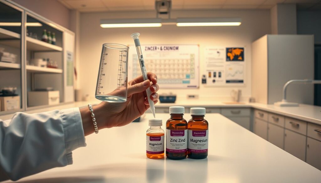 A clean, well-organized laboratory setting with modern equipment and precise measurements. In the foreground, a pair of hands carefully holding a graduated cylinder and pipette, demonstrating the safe and accurate dosing of zinc and magnesium supplements. The middle ground features labeled bottles of zinc and magnesium, their contents neatly arranged on a sleek, minimalist counter. The background depicts a wall-mounted periodic table, scientific charts, and task lighting, conveying an atmosphere of scientific rigor and attention to detail. Warm, diffused lighting illuminates the scene, creating a sense of professionalism and expertise.