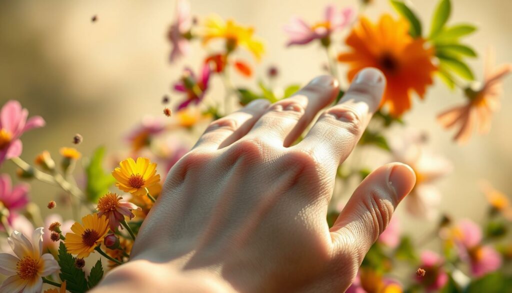 A close-up of a human hand surrounded by colorful flowers, pollen, and leaves, symbolizing allergen exposure. The hand is in the foreground, with a soft focus on the skin texture and nails. In the middle ground, vibrant blooms and greenery cascade around the hand, suggesting the natural trigger of the allergic response. The background is hazy and dreamlike, creating a sense of tranquility and introspection. The lighting is warm and natural, casting gentle shadows to accentuate the delicate details. The overall composition conveys a serene, yet thought-provoking mood, inviting the viewer to consider the potential of immunotherapy as a long-term solution for allergy-related conditions.