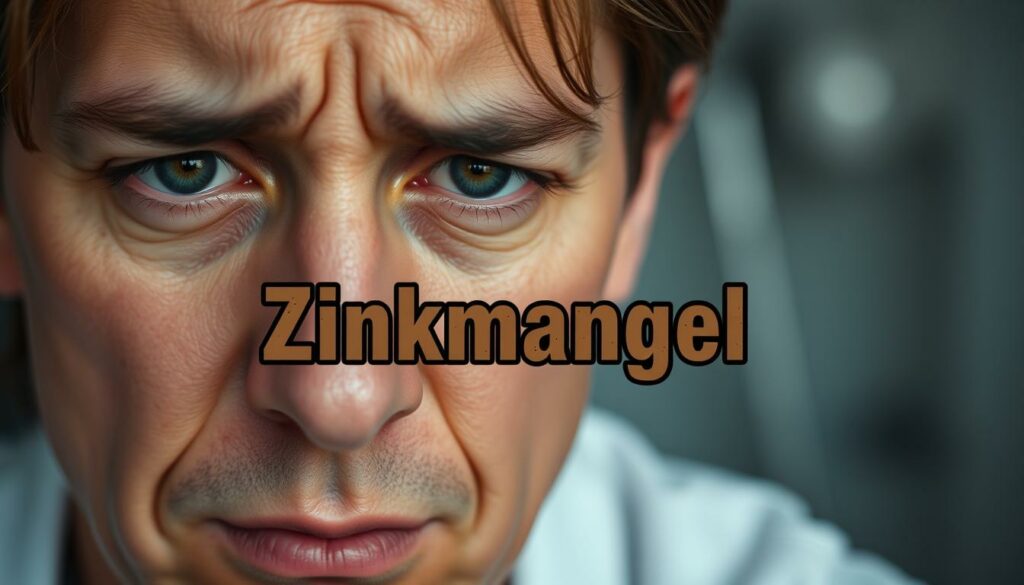 A close-up of a person's face, looking worried and fatigued, with dark circles under their eyes and a pale complexion. In the middle ground, a graphic representation of the word "Zinkmangel" in a muted, earthy color palette, denoting a deficiency in zinc. The background is slightly blurred, hinting at a medical or scientific setting, with subtle lighting casting soft shadows and highlighting the subject's features. The overall mood is one of concern and the need for attention to this health condition.