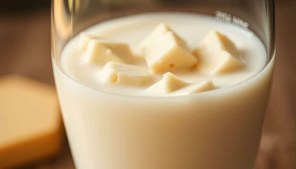 A close-up shot of a glass of milk, with a rich, creamy texture. Suspended within the milk are several chunks of a light-colored cheese, their surfaces glistening under warm, diffused lighting. The depth of field is shallow, allowing the milk and cheese to be the sole focus, with a soft, blurred background. The composition is balanced, with the milk and cheese occupying the center of the frame. The overall mood is one of calmness and simplicity, highlighting the natural abundance of zinc found in these dairy products.