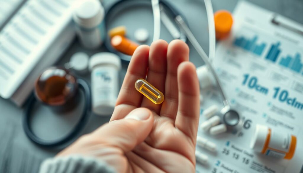 A close-up view of a hand holding a zinc supplement capsule against a blurred background of various health-related objects, such as a stethoscope, pill bottles, and a medical chart. The lighting is soft and diffused, creating a contemplative, almost ethereal atmosphere. The capsule is the focal point, drawing the viewer's attention to the long-term effects of sustained zinc intake. The depth of field emphasizes the importance of this single supplement within the broader context of holistic health and wellness. Overall, the image conveys the thoughtful consideration required when incorporating zinc into a long-term health regimen.