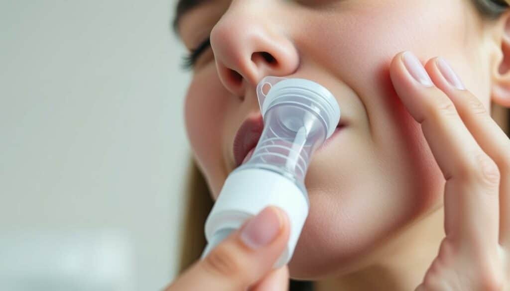 A close-up view of a person using a nasal irrigation device, such as a neti pot or nasal rinse bottle, to flush their nasal passages. The image captures the process in a clean, clinical setting, with soft, even lighting illuminating the person's face and the medical device. The person's expression should convey a sense of relief and comfort as they undergo this effective allergy relief method. The background is simple and uncluttered, allowing the focus to remain on the nasal irrigation process. The overall tone is one of medical efficacy and personal wellness, reflecting the importance of this technique for managing birch pollen allergies.