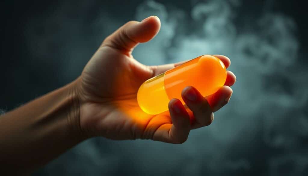 A close-up view of a person's hand holding a large, oversized vitamin C capsule against a blurred, hazy background. The capsule is gleaming and appears to be bursting with a highly concentrated, vivid orange-yellow liquid substance. The hand is grasping the capsule tightly, conveying a sense of concern or unease. The lighting is slightly dramatic, with shadows casting an ominous tone. The overall scene evokes a sense of excessive, potentially dangerous consumption of vitamin C, reflecting the risks and side effects of an overdose.