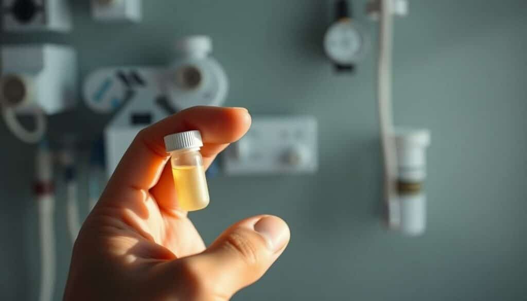 A close-up view of a person's hand holding a zinc supplement capsule against a blurred background of medical equipment and supplies. The lighting is soft and natural, casting a warm glow on the hand and capsule. The composition is focused and minimalist, drawing the viewer's attention to the key element - the zinc supplement as a potential remedy for the common cold. The overall mood is one of scientific inquiry and evidence-based approach to healthcare, reflecting the subject matter of the article section on the role of zinc in treating respiratory infections.