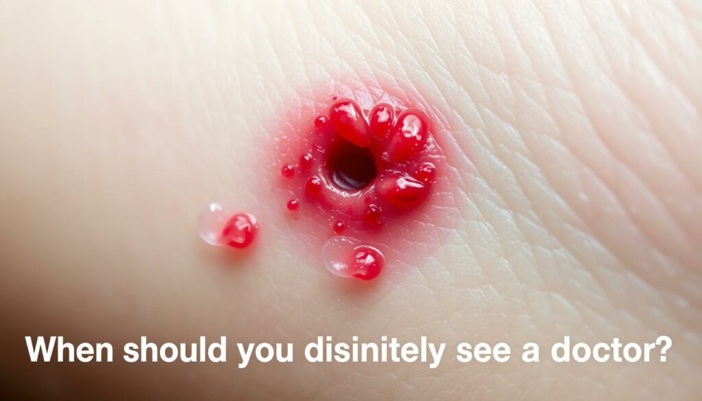 A close-up view of an inflamed mosquito bite on pale skin, with angry-looking red bumps and swelling around the puncture site. The skin is slightly raised and irritated, conveying a sense of discomfort and sensitivity. The lighting is soft and natural, capturing the subtle textures and details of the affected area. The focus is sharp, drawing the viewer's attention to the alarming signs of an allergic reaction, hinting at the need for medical attention. The mood is one of concern and the desire to address the issue promptly, reflecting the section title "When should you definitely see a doctor?".