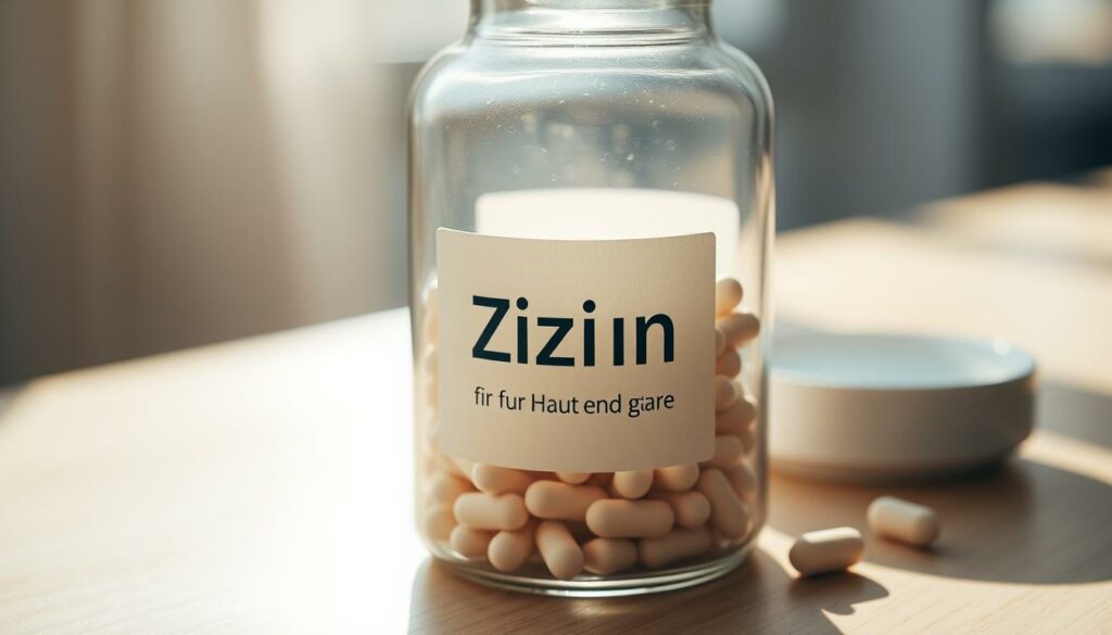 A closeup photograph of a glass bottle filled with zinc tablets, placed on a light wooden table. The bottle has a minimalist label with the German text "Zink für Haut und Haare" (Zinc for skin and hair). The bottle is bathed in soft, natural lighting, casting gentle shadows. The background is slightly blurred, creating a sense of focus on the bottle. The overall mood is warm, serene, and inviting, reflecting the supplement's potential to promote general well-being.