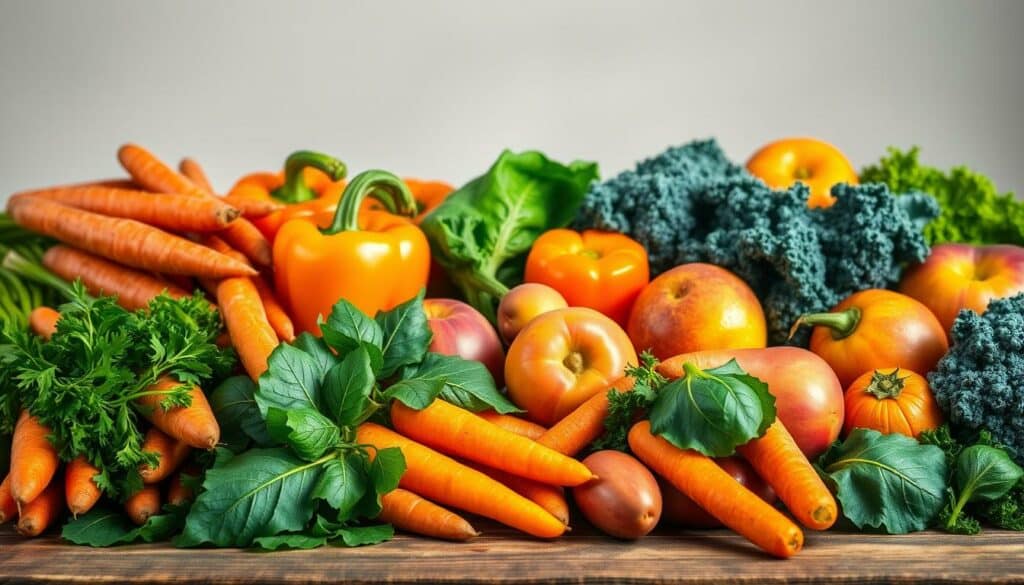 A colorful still life arrangement showcasing an assortment of vibrant, natural vitamin A-rich foods. In the foreground, a mix of carrots, sweet potatoes, and leafy greens such as spinach and kale are carefully arranged on a rustic wooden table, illuminated by soft, natural lighting. In the middle ground, a selection of bright orange bell peppers, ripe apricots, and juicy mangoes adds depth and variety to the scene. The background features a simple, neutral backdrop that allows the vivid hues of the produce to take center stage, creating a visually striking and appetizing composition that effectively illustrates the abundance of dietary vitamin A sources.