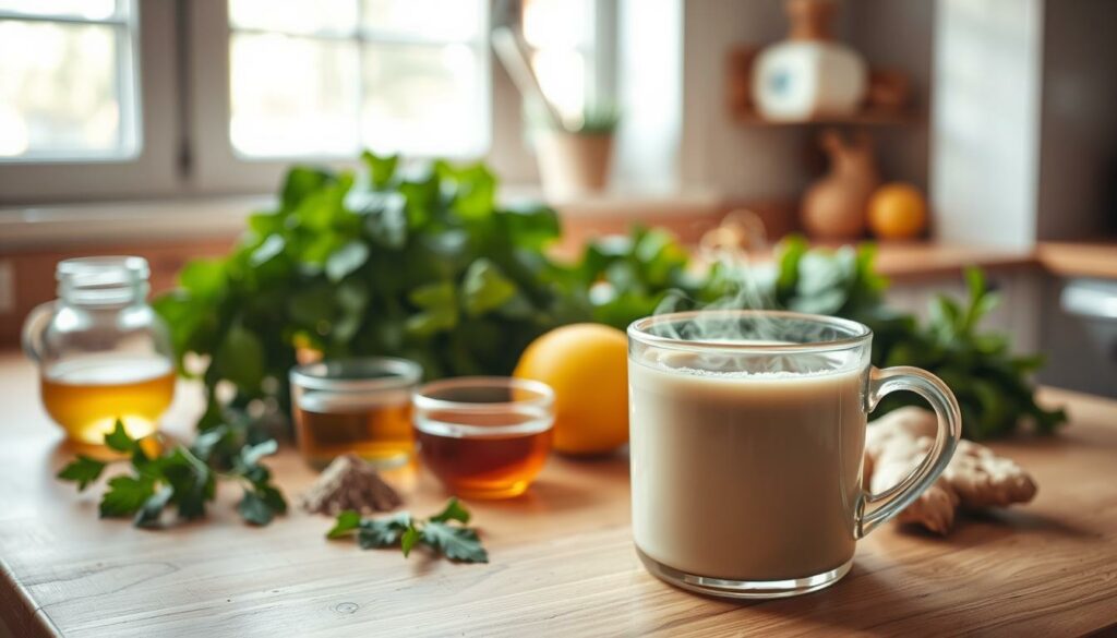 A cozy kitchen counter, filled with an assortment of natural remedies against allergies. In the foreground, a steaming mug of herbal tea, surrounded by soothing ingredients like honey, lemon, and ginger. In the middle ground, a bundle of fresh herbs, their vibrant green leaves contrasting with the warm wooden surface. In the background, a window floods the scene with soft, natural lighting, casting a calming glow over the natural, homemade solutions to alleviate allergy-induced hoarseness. The overall mood is one of tranquility and wellness, inviting the viewer to explore these simple, effective home remedies.