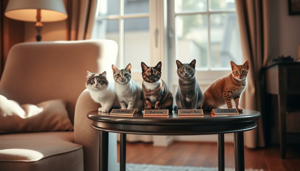 A cozy, well-lit living room with a plush armchair and a side table. On the table, several hypoallergenic cat breeds are displayed, each with a small plaque describing their key traits - Siberian, Balinese, Javanese, and Cornish Rex. The cats are showcased in a manner that highlights their unique physical characteristics and inviting demeanor. The lighting is warm and soft, creating a serene, welcoming atmosphere. The camera angle is at eye level, allowing the viewer to engage with the cats and envision them as potential companions for allergy-prone individuals. The overall composition and styling convey a sense of thoughtful curation and expert guidance on selecting the ideal hypoallergenic feline housemate.