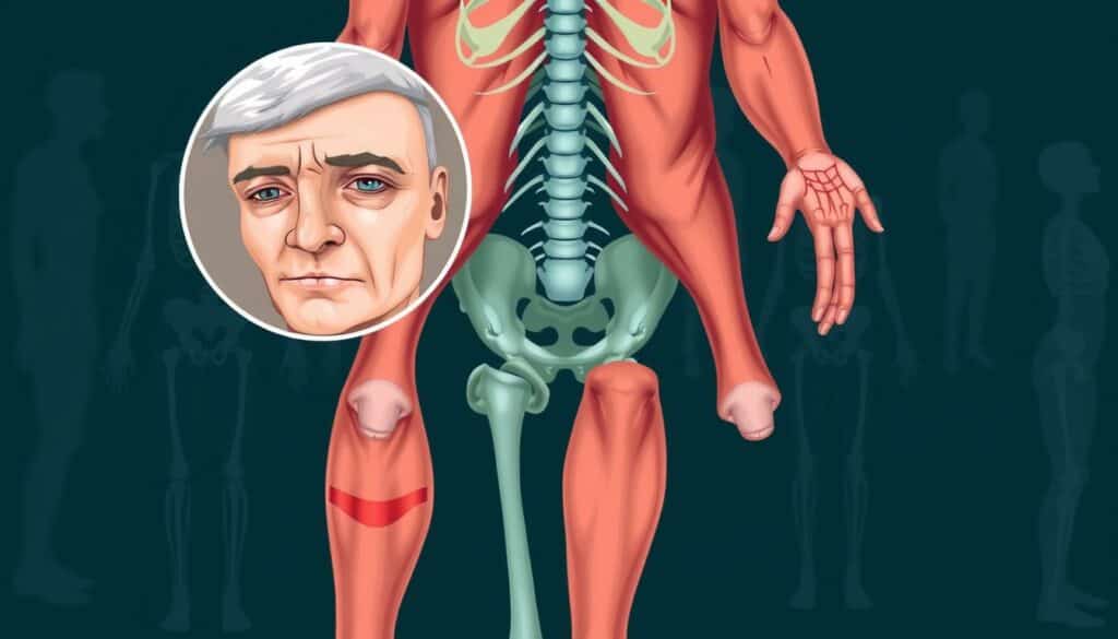 A detailed, clinical illustration showcasing the common symptoms of vitamin D deficiency. In the foreground, a person's torso and limbs are depicted, with visible signs of muscle weakness, bone pain, and fatigue. The middle ground features a close-up of the person's face, highlighting the characteristic facial features associated with vitamin D deficiency, such as a pale complexion and sunken eyes. The background subtly suggests the broader health implications, with silhouettes of the skeletal and circulatory systems in muted tones. The overall scene is rendered with a diagnostic, medical illustration style, using a cool color palette and subtle lighting to convey the seriousness of the condition.