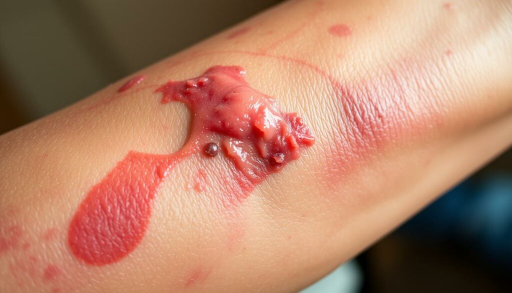 A detailed close-up image of a human arm or hand, showing the long-term effects of an untreated tattoo allergy. The skin has a reddened, inflamed appearance with visible lesions, peeling, and scarring, indicating a chronic inflammatory reaction. The lighting should be soft and natural, with a focus on capturing the textural details of the affected skin. The frame should be tight, filling most of the composition, to emphasize the severity and extent of the condition. The overall mood should convey a sense of discomfort, distress, and the lasting impact of unresolved tattoo allergy complications.