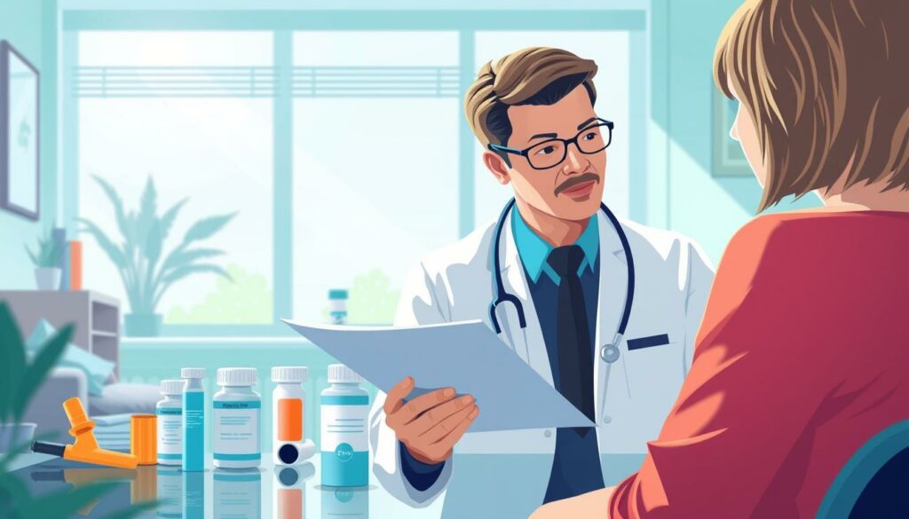 A detailed illustration of modern allergy treatment. In the foreground, a doctor examines a patient, using a stethoscope and referencing medical charts. In the middle ground, various allergy medications and treatment devices are neatly displayed - inhalers, antihistamines, epinephrine auto-injectors. The background depicts a serene, sunlit doctor's office, with soothing blues and greens. The lighting is soft and natural, creating a calming, professional atmosphere. The overall scene conveys the expertise and care involved in managing and treating allergic conditions.