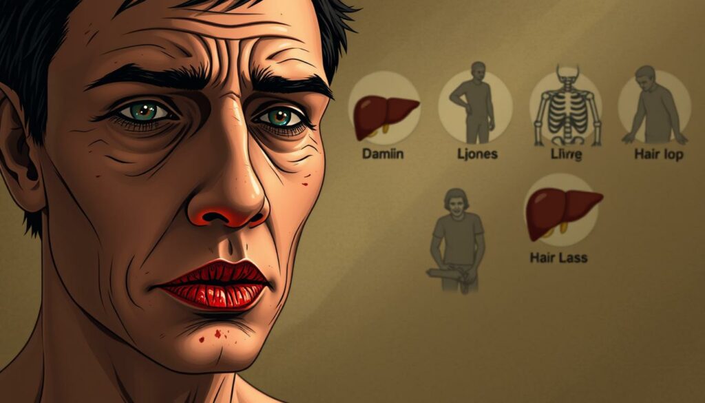 A detailed illustration of the symptoms and risks associated with hypervitaminosis A. In the foreground, a close-up of a person's face displaying characteristic signs of the condition, such as dry, cracked skin, peeling lips, and a reddened complexion. In the middle ground, depictions of other systemic effects, including joint and bone pain, liver enlargement, and hair loss. The background features a muted, earthy color palette, creating a sense of unease and discomfort. The lighting is subdued, casting shadows that accentuate the severity of the condition. The overall composition conveys the seriousness and potential consequences of excessive vitamin A intake.
