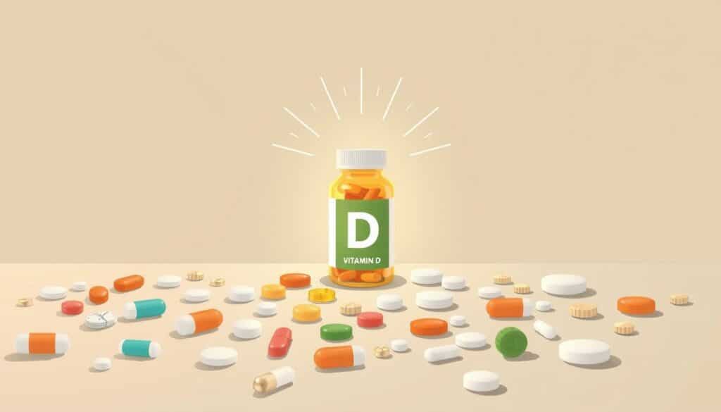 A detailed illustration of various types of medications interacting with Vitamin D, set against a clean, minimalist background. In the foreground, different pill capsules and tablets are arranged in a grid, each representing a specific drug class. The middle ground features a central Vitamin D supplement bottle, with light rays emanating from it to symbolize the essential nutrient. The background depicts a muted, calming gradient, allowing the pharmaceuticals and Vitamin D to be the focal point. The overall composition conveys the importance of understanding how various medications can impact the body's Vitamin D levels and absorption.