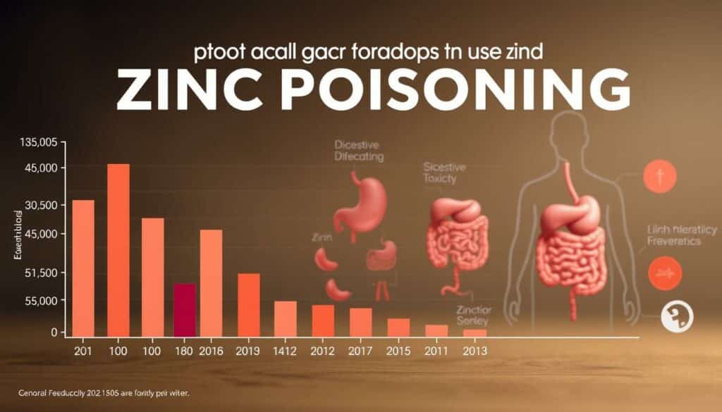 A detailed medical infographic depicting the frequency of zinc poisoning incidents. The foreground shows a bar graph with clear data visualizations illustrating the prevalence of zinc toxicity cases over time. The middle ground features anatomical illustrations of the digestive system and relevant organs affected by zinc overdose. The background contains a subdued color palette of earthy tones, complementing the clinical nature of the subject matter. Soft lighting casts a professional, educational tone, with a camera angle providing an objective, data-driven perspective. The overall composition conveys the importance of understanding the risks and frequency of this medical condition to both healthcare providers and the general public.