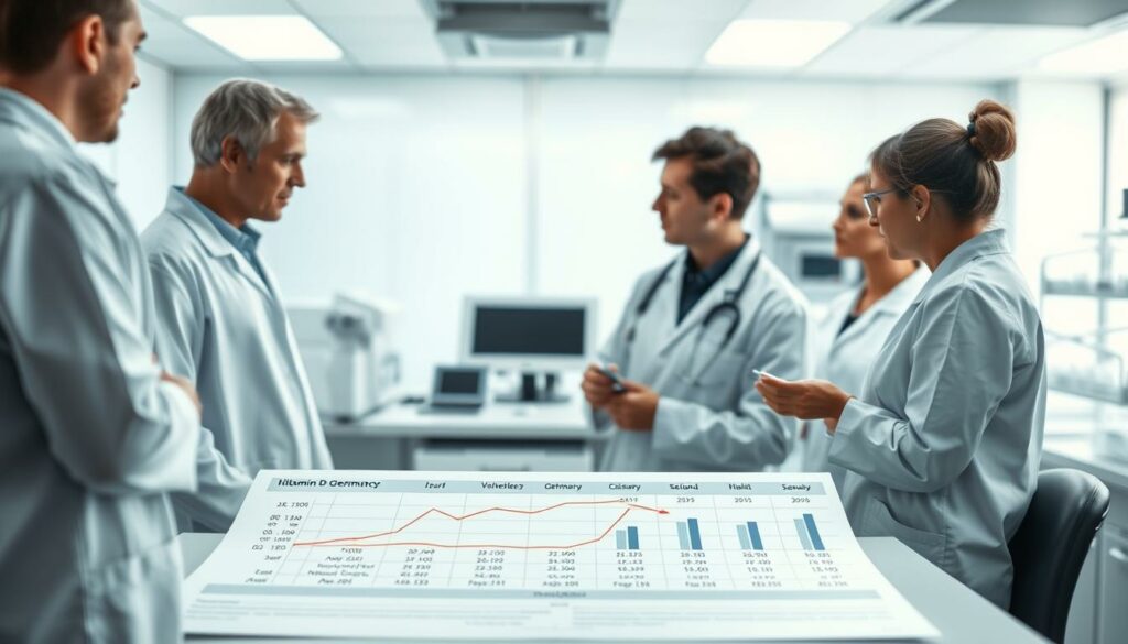 A detailed scientific study on vitamin D deficiency in Germany, with a clinical background and experimental data. In the foreground, a group of researchers discussing findings from a large-scale longitudinal study, examining serum 25(OH)D levels and associated health outcomes across different demographics. In the middle ground, a table or graph visualizing the study's key results, highlighting regional variations and seasonal fluctuations. In the background, a clean, minimalist laboratory setting with modern equipment, conveying a sense of empirical rigor. Soft, directional lighting illuminates the scene, casting subtle shadows and creating depth. The overall mood is one of thoughtful, evidence-based scientific inquiry.