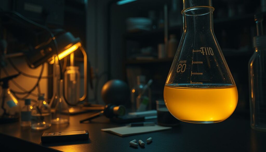 A dimly lit laboratory setting, with intricate scientific equipment and glassware scattered across the cluttered workbench. In the foreground, a magnified view of a glass beaker filled with a golden-hued liquid, emitting a soft, eerie glow. Ominous shadows cast by the equipment create a sense of unease, while the muted color palette and harsh lighting evoke the tension of a potential overdose scenario. The scene conveys the serious consequences of excessive vitamin D intake, a cautionary tale for health and wellness.