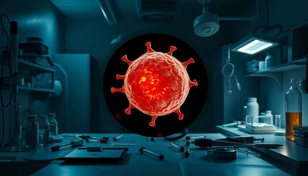 A dimly lit medical laboratory, with various scientific equipment and instruments scattered across the examination table. In the center, a magnified view of a human cell, its structure and components intricately detailed, highlighting the potential risks of vitamin D overdose. The scene is bathed in a soft, warm light, creating an atmosphere of contemplation and scientific inquiry. The overall composition draws the viewer's attention to the delicate balance of the human body and the need for caution when dealing with nutritional supplements.