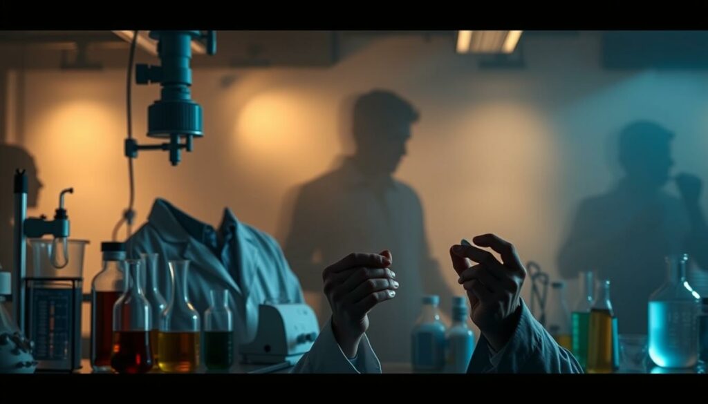 A dimly lit research laboratory, with sleek medical equipment and beakers filled with various liquids. In the foreground, a person in a lab coat examines a tablet, expression concerned. The background is hazy, with a sense of unease and potential risks. Shadowy silhouettes loom, suggesting the complexities and potential dangers of combining vitamin D and K2 supplements. Indirect lighting casts dramatic shadows, creating an atmosphere of cautious investigation. The overall scene conveys the idea of carefully weighing the risks and benefits of this nutritional combination.