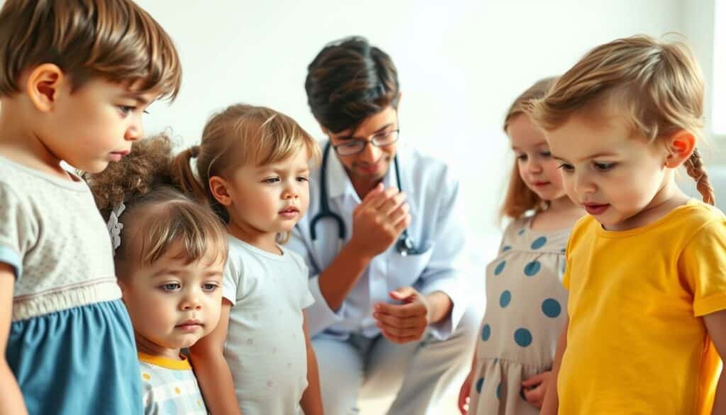 A group of young children, their faces displaying a range of allergic reactions, from rashes to watery eyes, standing in a bright, airy room with clean, white walls. The children are positioned in the foreground, their expressions conveying a mix of discomfort and curiosity. In the middle ground, a doctor or nurse kneels down, offering comfort and examining the children's skin. The background is softly blurred, creating a sense of focus on the medical interaction. The lighting is natural, with gentle shadows and highlights, creating a calming, clinical atmosphere. The overall tone is one of empathy and care, reflecting the need to address allergic reactions in children.