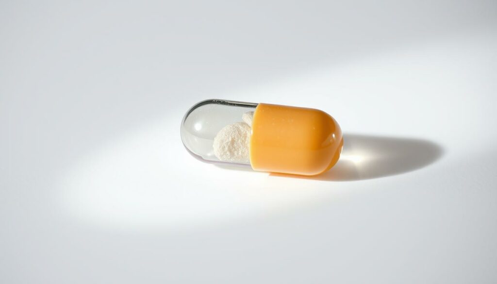 A high-quality, well-lit close-up photograph of the best form of zinc supplement, resting on a simple white background. The zinc capsule or tablet should be the main focal point, showcasing its color, texture, and size in crisp detail. The lighting should be soft and diffused, creating gentle shadows that emphasize the three-dimensional shape of the zinc form. The depth of field should be shallow, keeping the subject in sharp focus while blurring the background for a clean, minimalist composition. The overall mood should be one of professionalism, clarity, and scientific precision, reflecting the informative nature of the article.