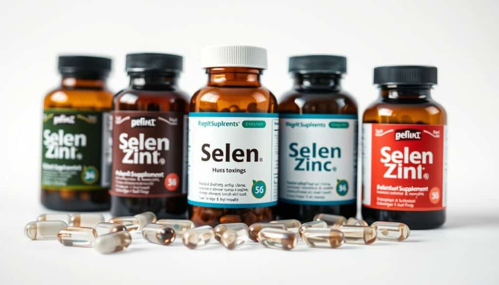 A high-quality, well-lit close-up photograph of various nutritional supplement bottles and capsules featuring the label "Selen Zink" against a clean, white background. The composition should emphasize the key ingredients, Selenium and Zinc, with a focus on the packaging and branding elements. Capture the texture and materiality of the supplements, using a shallow depth of field to create a sense of depth and focus on the foreground elements. The lighting should be natural and diffused, creating soft shadows and highlights to accentuate the details of the products. The overall mood should be professional, informative, and visually appealing, suitable for use in a medical or health-related article.