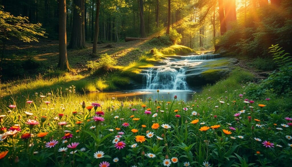 A lush green meadow with vibrant wildflowers in the foreground, surrounded by a dense forest in the middle ground. In the background, a natural spring emerges from the earth, its crystal-clear waters cascading over mossy rocks. Warm, golden sunlight filters through the canopy, casting a soft, ethereal glow over the scene. The composition is balanced, with the spring taking center stage, highlighting the abundance of this natural source of zinc. The overall mood is serene and inviting, conveying the natural beauty and nourishing qualities of this plant-based zinc source.