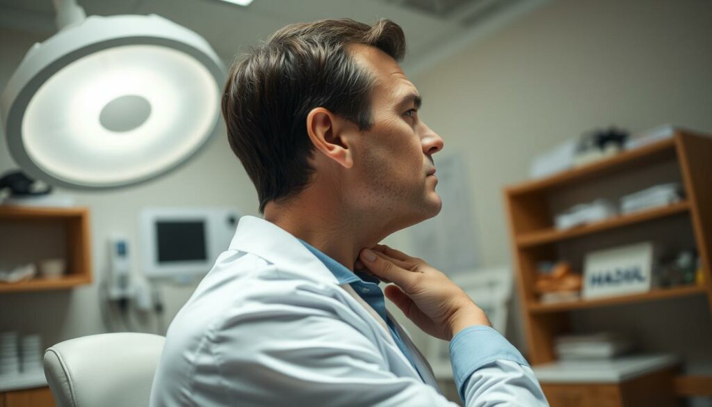 A medical examination room with a patient sitting on an examination table, their neck exposed. The doctor is gently palpating the patient's neck, checking for signs of swelling or inflammation. Bright, diffused lighting from overhead illuminates the scene, creating a clinical, yet calming atmosphere. The doctor's expression is focused, brow slightly furrowed, as they carefully inspect the patient's throat. In the background, medical equipment and supplies are neatly organized, conveying a sense of professionalism and expertise. The overall mood is one of attentive diagnosis, with the patient appearing slightly anxious but trusting in the doctor's careful assessment.