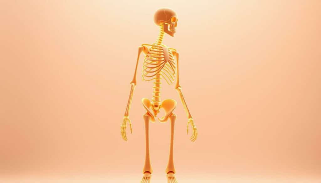 A radiant, high-resolution 3D rendering of a healthy human skeleton, its bones glowing with an internal luminescence. The skeleton stands in a serene, minimalist environment, bathed in warm, diffuse lighting that accentuates the intricate structure and translucent quality of the bones. The figure is positioned in a dynamic, active pose, conveying the strength and flexibility of a well-nourished skeletal system. The background is a soft, neutral palette, allowing the skeleton to be the primary focal point. Subtle details, such as the delicate bone texture and subtle shadowing, create a sense of depth and realism. The overall mood is one of vitality, health, and the importance of proper bone development and maintenance.