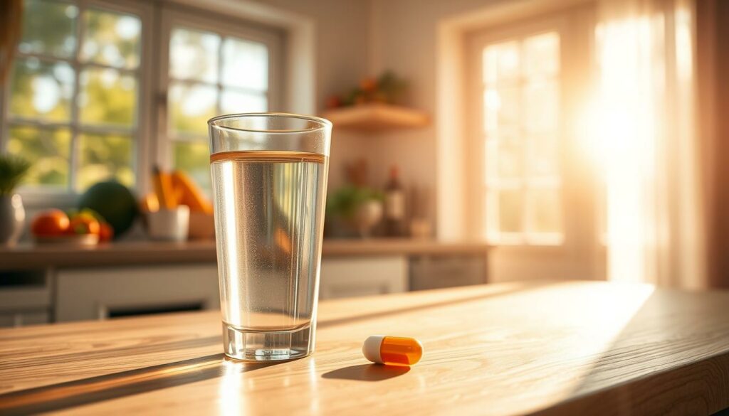 A serene and sun-dappled kitchen scene, with a glass of water and a vitamin A capsule prominently displayed on a wooden table. The light streams in through a large window, casting a warm, golden glow over the scene. In the background, a row of healthy fruits and vegetables sit on a shelf, hinting at the importance of a balanced diet. The overall mood is one of tranquility and mindfulness, encouraging the viewer to consider the optimal time to take their daily vitamin A supplement.