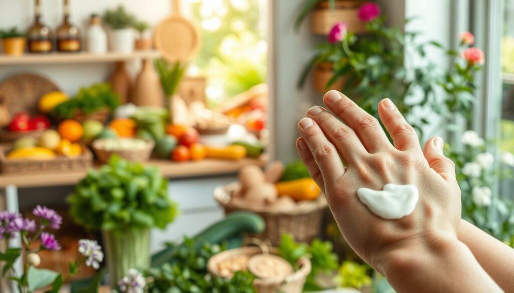 A serene scene of allergy prevention strategies unfolds. In the foreground, a close-up of a person's hands gently applying a natural, herbal cream to their skin, signifying the use of gentle, non-irritating skincare products. In the middle ground, a well-stocked pantry showcases an array of fresh fruits, vegetables, and whole grains, hinting at a balanced, allergen-conscious diet. The background depicts a lush, verdant garden, with blooming flowers and vibrant greenery, suggesting the importance of exposure to diverse environmental microbiomes. Soft, natural lighting bathes the scene, creating a calming, soothing atmosphere. The overall composition conveys a sense of tranquility, wellness, and proactive measures against the development of allergies.
