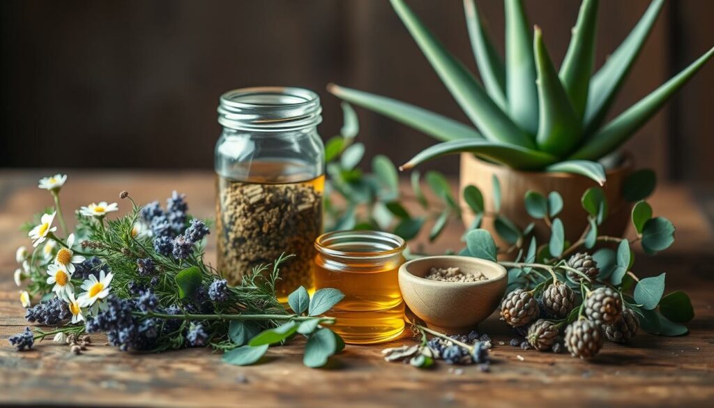 A serene, well-lit still life arrangement showcasing an assortment of natural cat allergy remedies. In the foreground, a collection of soothing herbs and botanicals, such as chamomile, lavender, and nettle, neatly arranged on a rustic wooden surface. The middle ground features a glass jar filled with a calming herbal tincture, accompanied by a small ceramic bowl of raw honey. In the background, a potted aloe vera plant and a few eucalyptus leaves add a touch of natural greenery, evoking a sense of tranquility. The image is captured with a soft, diffused lighting that enhances the natural colors and textures of the elements, creating an inviting and therapeutic atmosphere.