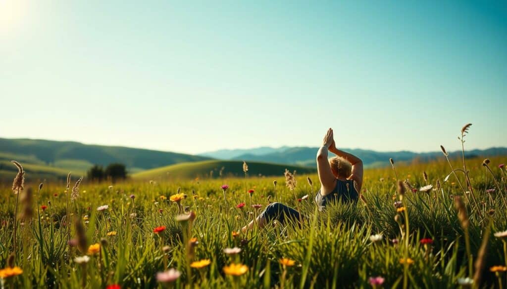 A tranquil, sunlit scene of a person practicing yoga in a lush, green meadow. In the foreground, the yogi's serene posture and focused gaze evoke a sense of balance and inner peace. The middle ground features an array of colorful wildflowers swaying gently in the breeze. In the distance, rolling hills and a clear, azure sky create a harmonious, natural backdrop. The lighting is soft and diffused, casting a warm, golden glow that enhances the overall sense of wellness and vitality. The entire composition conveys a holistic, healthy lifestyle in tune with the rhythms of nature.