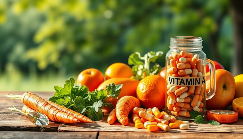 A vibrant still life scene depicting the benefits of vitamin A. In the foreground, a variety of fresh fruits and vegetables - carrots, sweet potatoes, leafy greens, and citrus fruits - are arranged on a rustic wooden table. Soft, warm lighting illuminates the scene, casting gentle shadows and highlights the vibrant colors. In the middle ground, a glass jar filled with vitamin A supplements stands alongside, symbolic of the nutritional value. The background features a serene natural landscape, with a blurred forest or greenery, suggesting the connection between vitamin A and the natural world. The overall composition conveys a sense of health, vitality, and the bounty of nature's goodness.